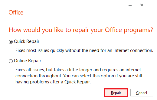 คลิก ซ่อมแซม เพื่อให้ MS Office ตรวจหาและแก้ไขปัญหา Word พบเนื้อหาที่อ่านไม่ได้ของ Windows 10