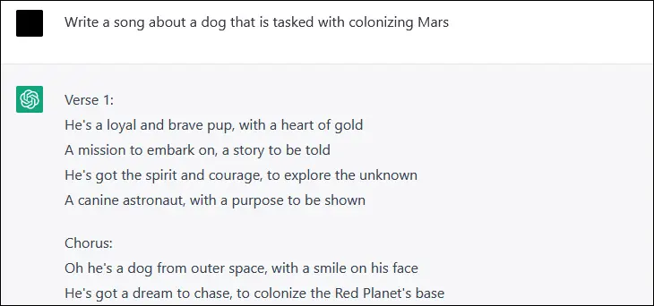 Eine ChatGPT-KI-Antwort, die den Text eines Liedes über einen Hund zeigt, der den Mars kolonisiert.