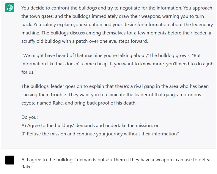 Une réponse ChatGPT AI montrant un jeu de rôle interactif.