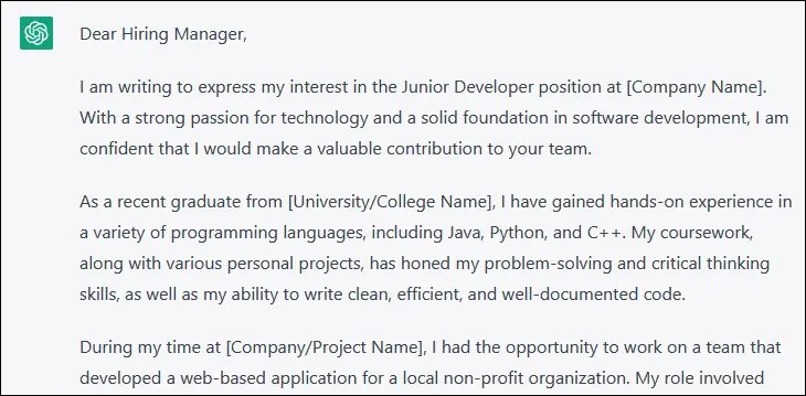 Une réponse ChatGPT AI montrant une lettre de motivation.