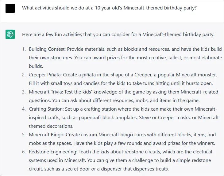 Une réponse ChatGPT AI montrant des idées pour une fête d'anniversaire sur le thème de Minecraft.