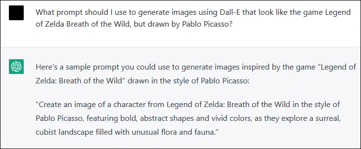 Une réponse ChatGPT AI montrant une invite d'IA suggérée pour le programme d'art Dall-E AI.