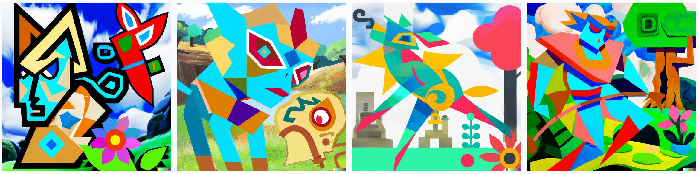 Una serie di immagini che mostrano il mondo di Legend of Zelda, reso come un quadro di Picasso.