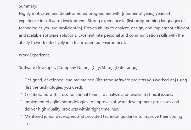 Une réponse ChatGPT AI montrant un modèle de CV.