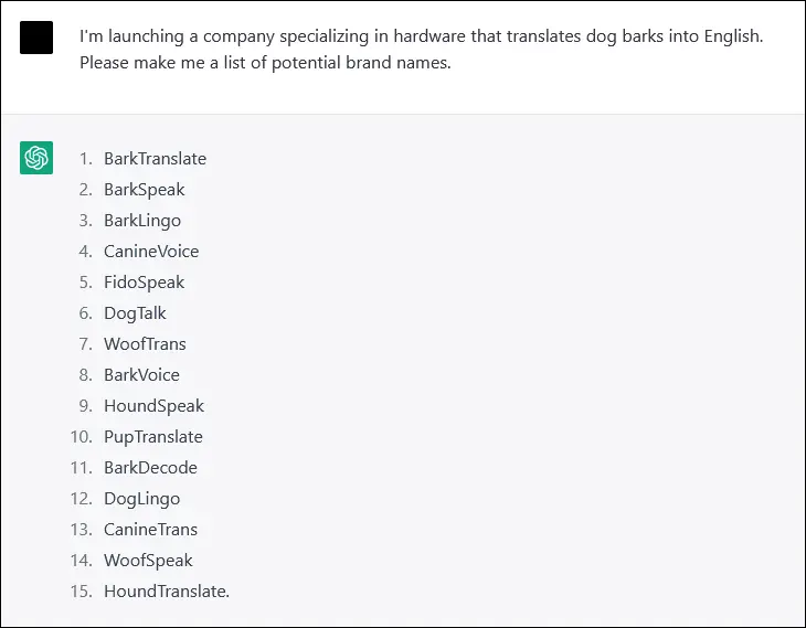 Ответ искусственного интеллекта ChatGPT со списком возможных названий продуктов.