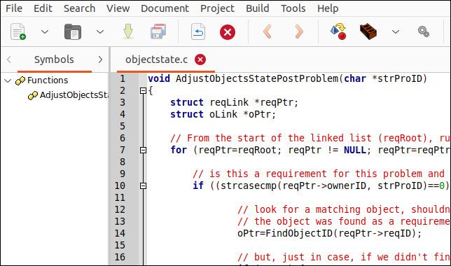 Die Geany IDE bearbeitet den C-Quellcode