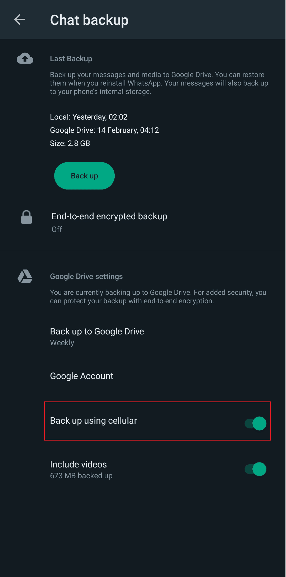 attiva Backup tramite rete cellulare | Correggi le foto di WhatsApp che non eseguono il backup su Google Foto su Android