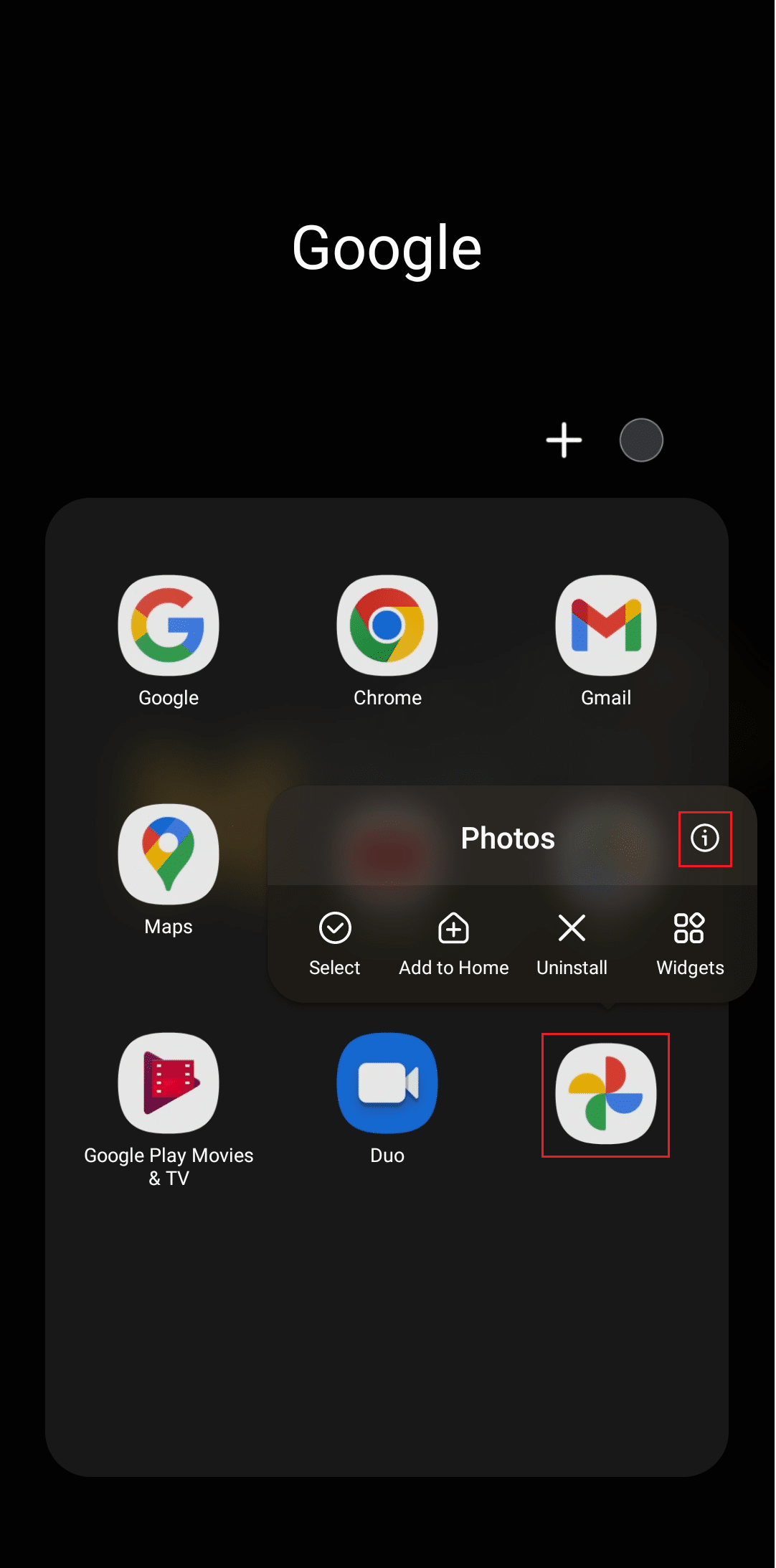 Ícone do Google Fotos no dispositivo Android com. botão de informação (i)