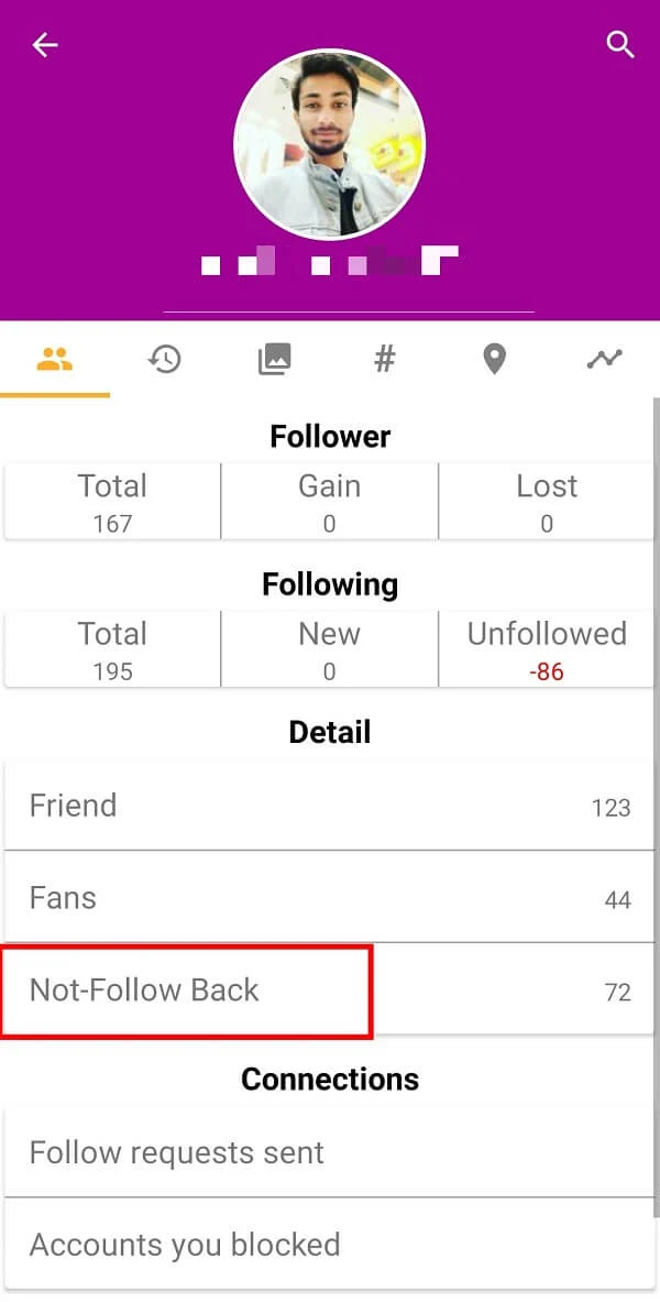 Tippen Sie auf dem gleichen Bildschirm auf die Option „Not-Follow Back“. | So erkennen Sie, ob Sie jemand auf Instagram entfernt hat