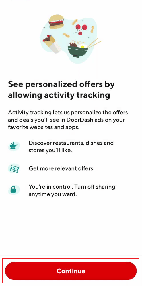 Toque em Continuar na tela subsequente para permitir o rastreamento de atividades para obter ofertas personalizadas