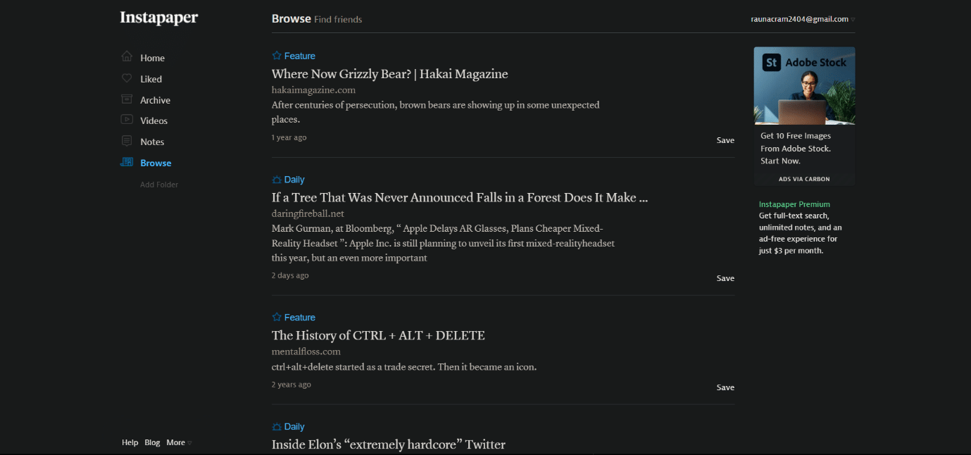 Homepage von Instapaper