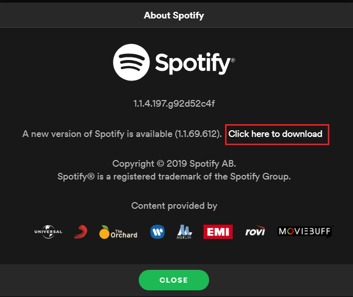 pilih klik di sini untuk mendownload update terbaru. Perbaiki Kode Kesalahan Spotify 17 di Windows 10