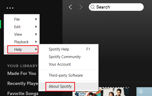 ไปที่ help แล้วเลือกเกี่ยวกับ spotify