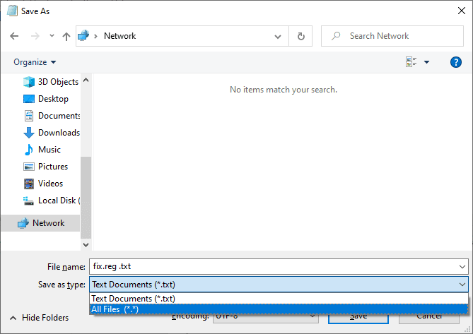 Speichern Sie die Datei als fix.reg und wählen Sie Alle Dateien als Dateitypen aus. 11 Möglichkeiten zur Behebung des Apex Legends-Engine-Fehlers 0x887a0006