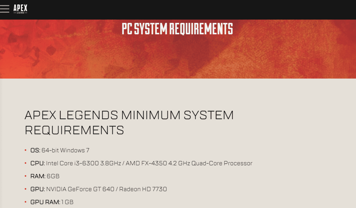 Requisitos de sistema Apex Legends PC