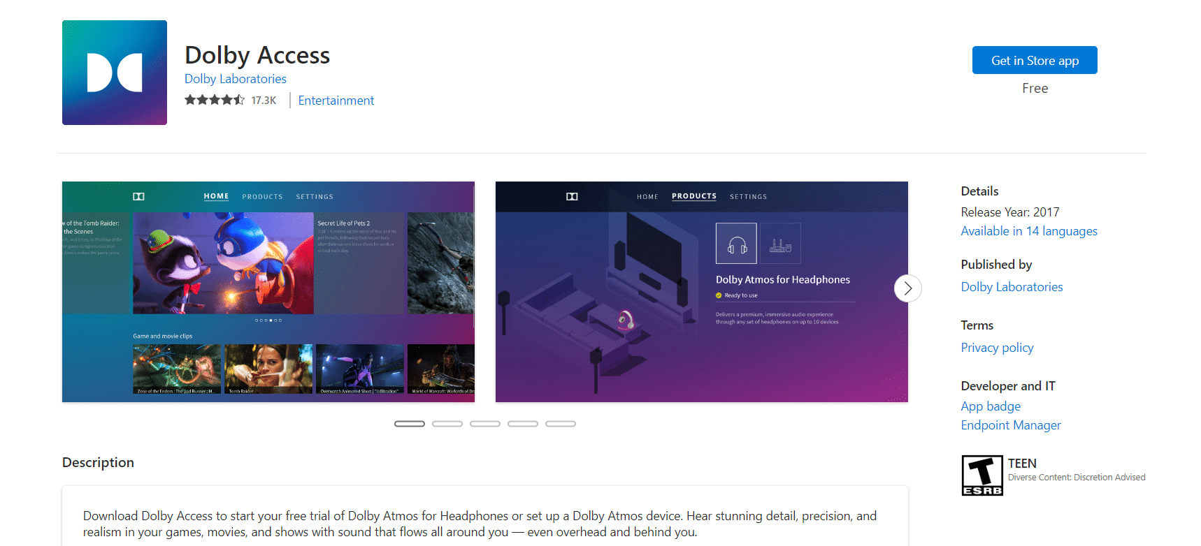 หน้าอย่างเป็นทางการของ Dolby Access