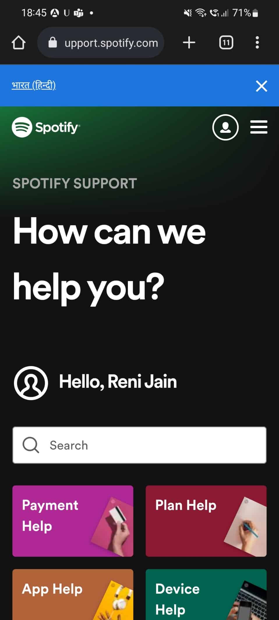 pagina de soporte de spotify en android