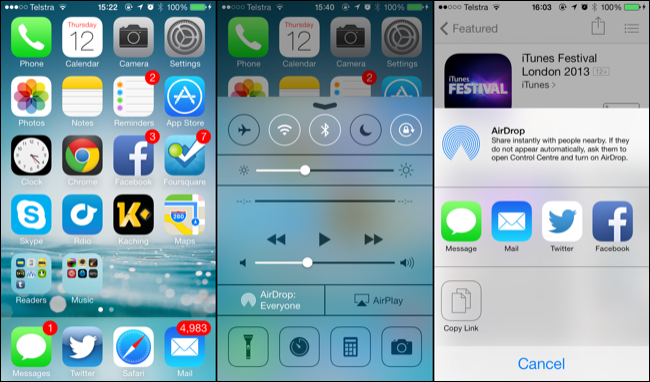 หน้าจอหลัก iOS 7, ศูนย์ควบคุม และ AirDrop