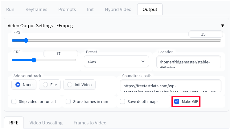 ในแท็บผลลัพธ์ ให้ทำเครื่องหมายที่ช่อง "สร้าง GIF" หากคุณต้องการไฟล์ GIF