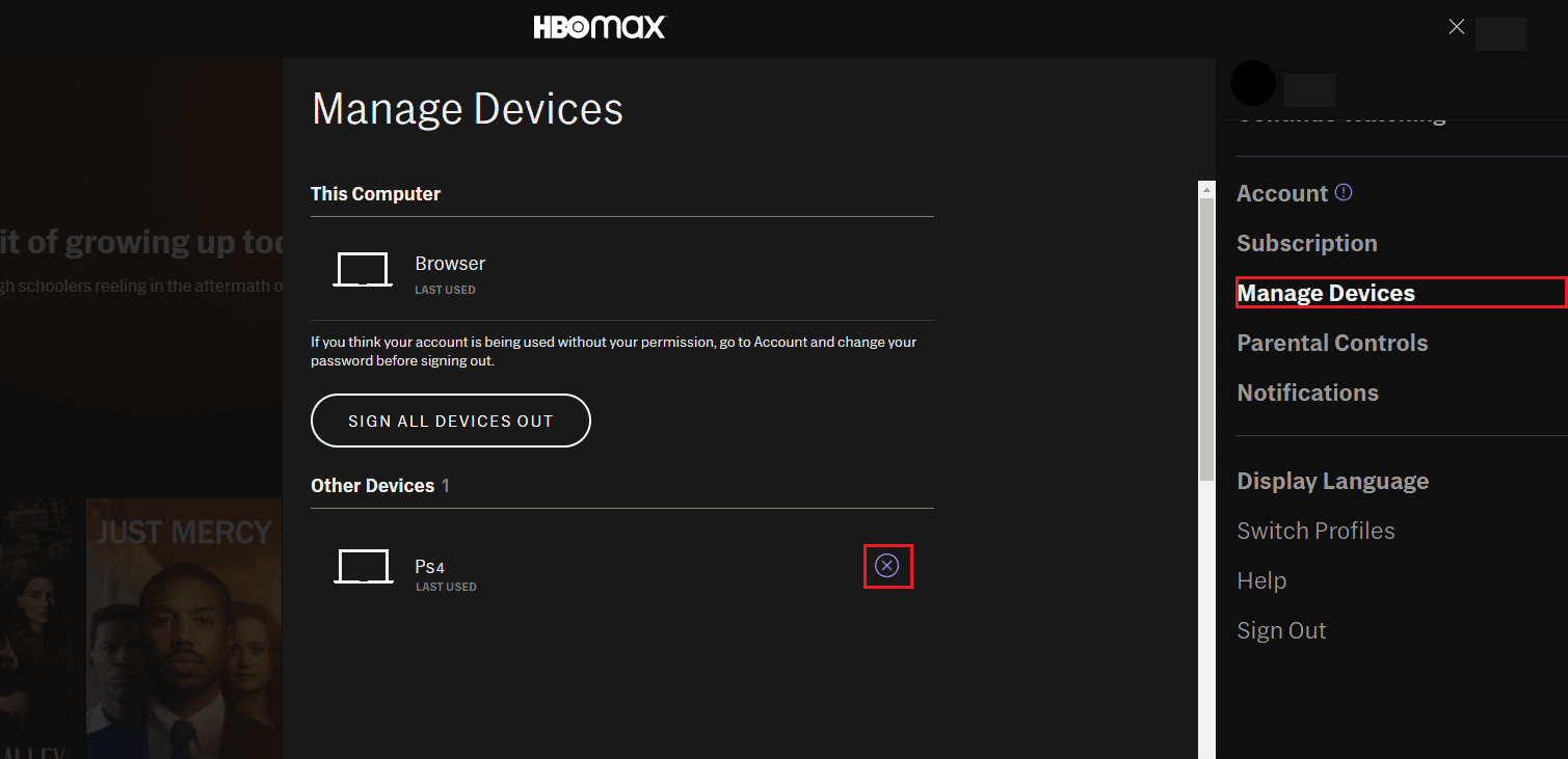 найдите свою консоль в разделе «Другие устройства» и выберите значок X, чтобы удалить устройство | HBO Max не работает на PS4 или PS5