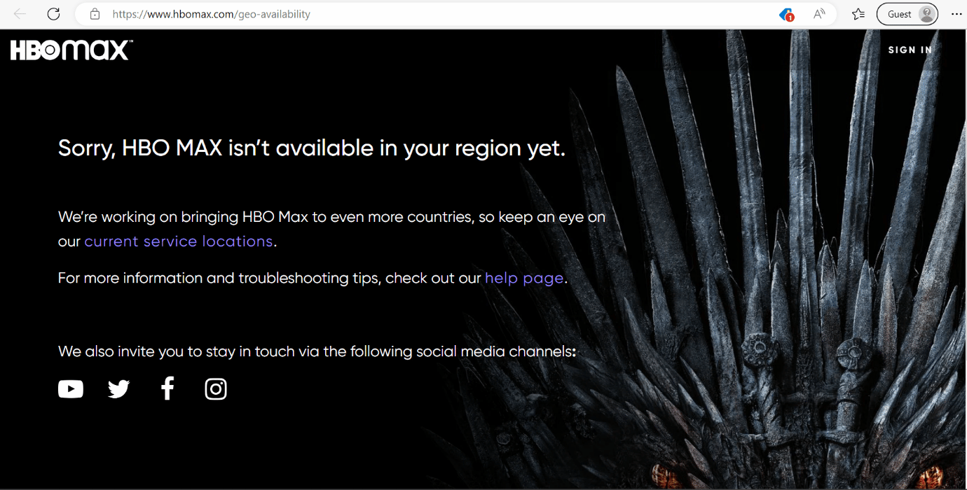 página da web de disponibilidade regional hbo max