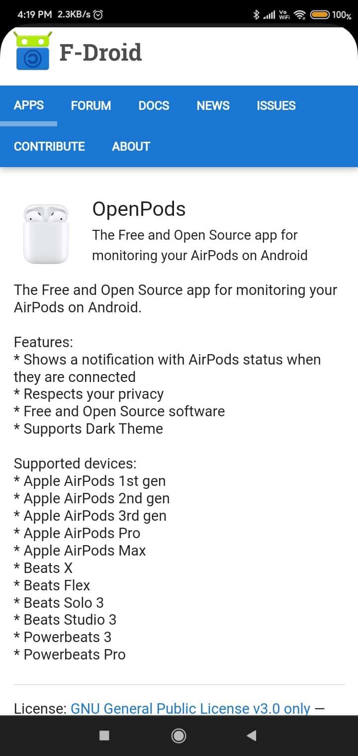 OpenPods F-Droid web sitesi