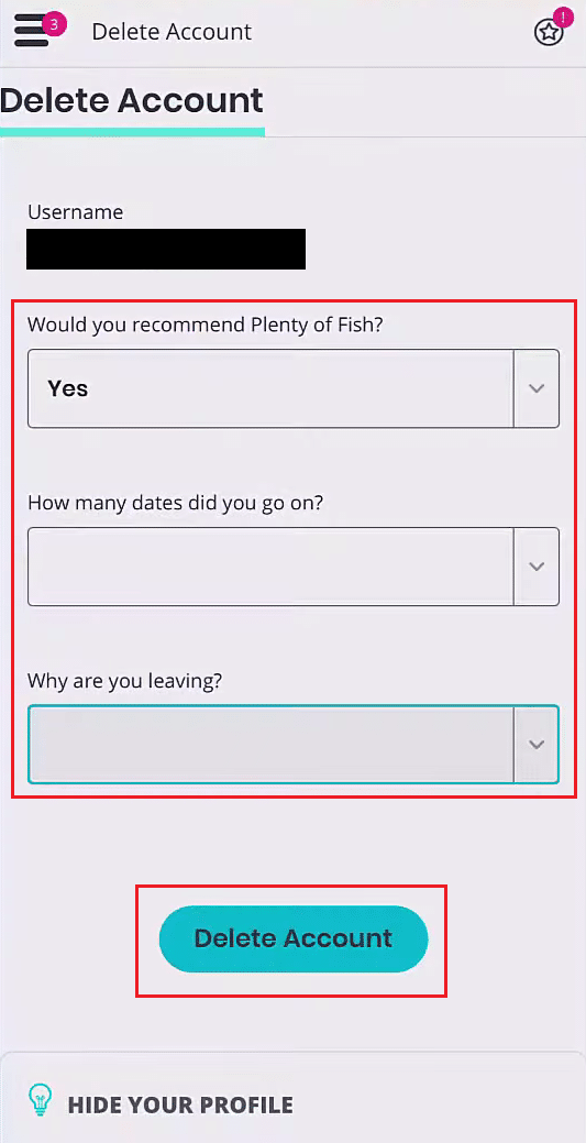 Répondez aux questions posées et indiquez la raison souhaitée pour la suppression de votre compte - Supprimer le compte