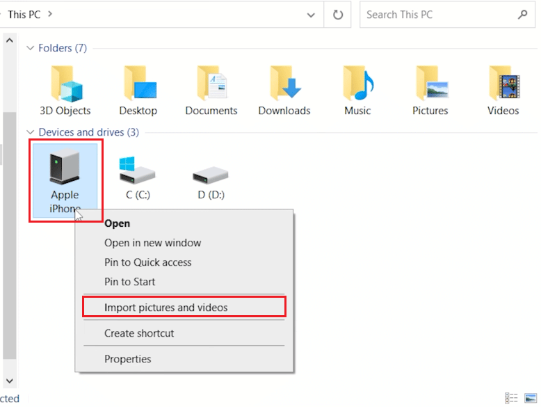 Проводник — Этот ПК — щелкните правой кнопкой мыши на устройстве iOS — Импорт изображений и видео