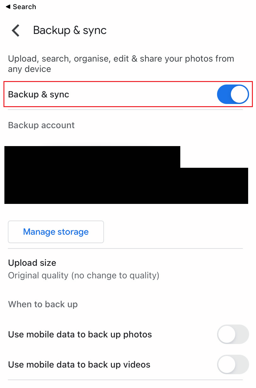 Attiva l'interruttore per l'opzione Backup e sincronizzazione | Come eseguire il backup delle foto di WhatsApp su Google Foto