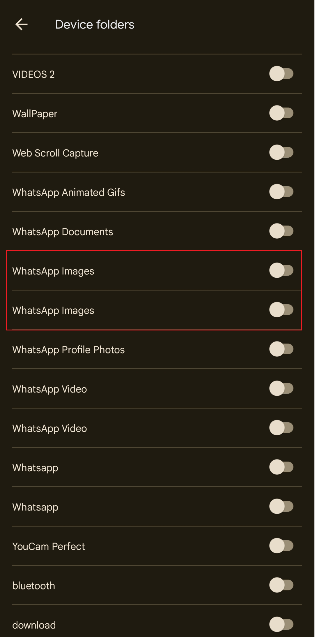 basculer pour activer le dossier WhatsApp Images