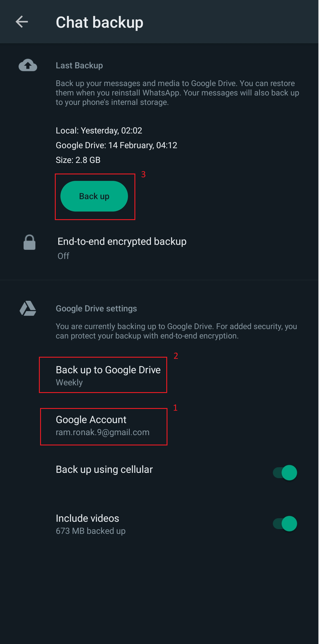 Cuenta de Google añadida, frecuencia para la copia de seguridad en Google Drive configurada para crear una copia de seguridad | Cómo hacer una copia de seguridad de las fotos de WhatsApp en Google Photos