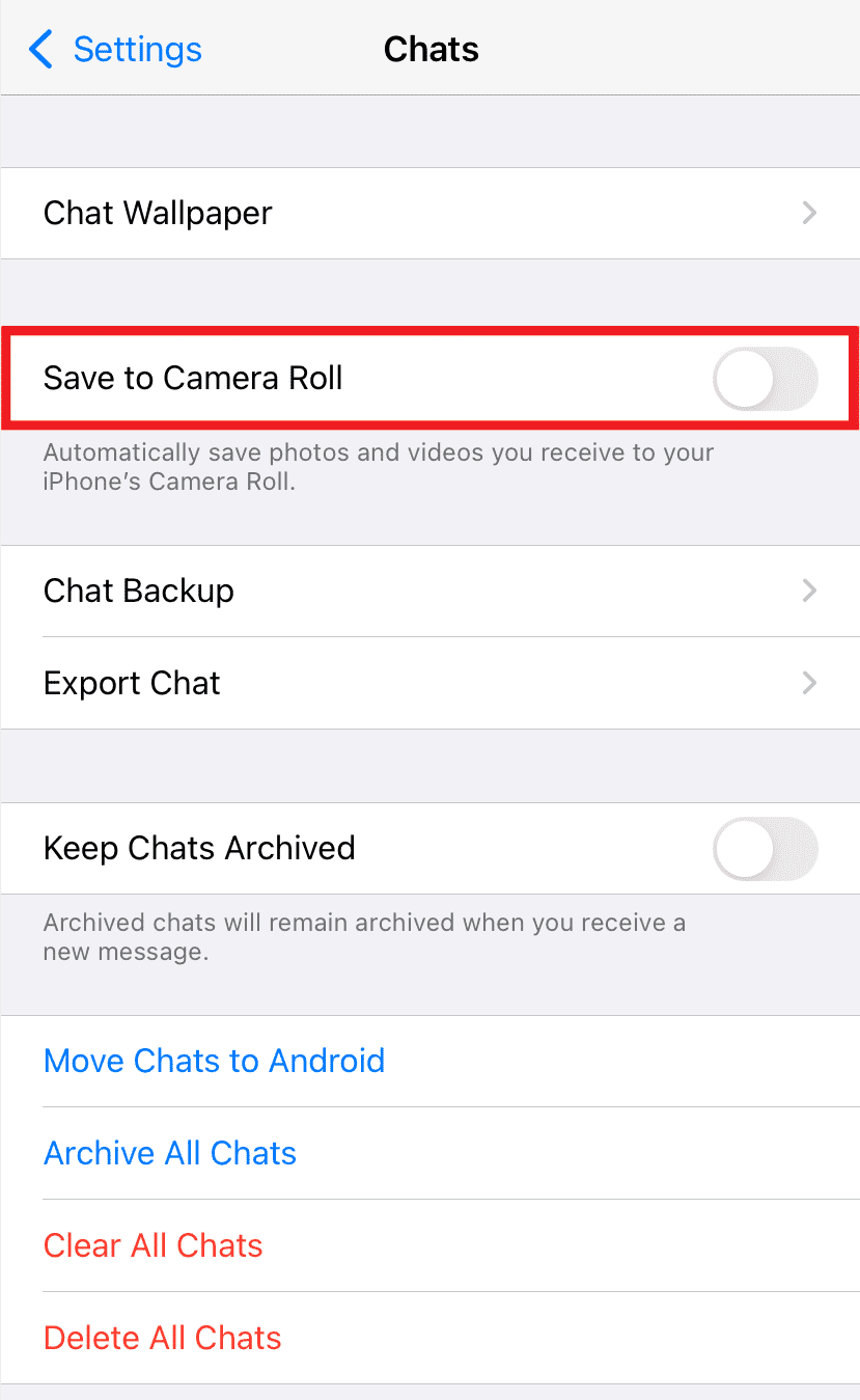 Activați comutatorul pentru opțiunea Salvare în camera foto | Cum să faci backup pentru fotografiile WhatsApp pe Google Photos