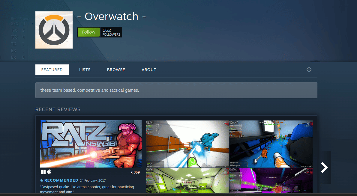 Pagina del curatore di Overwatch Steam