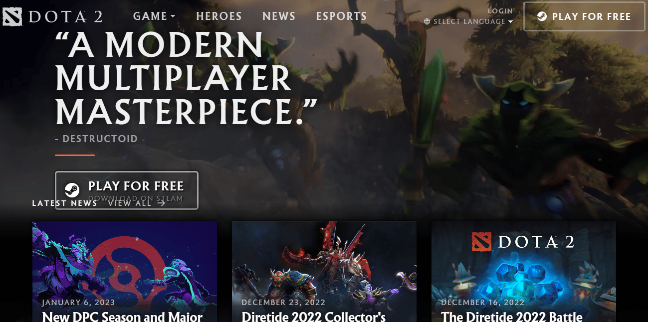 Page Web DOTA 2. 23 meilleurs jeux de service en direct