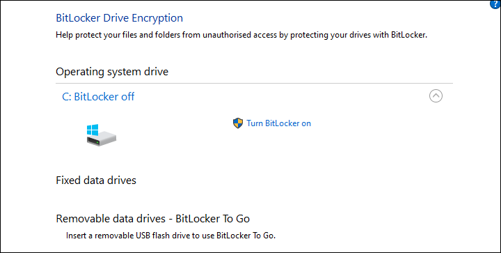 Controles do BitLocker no Windows 10 Pro