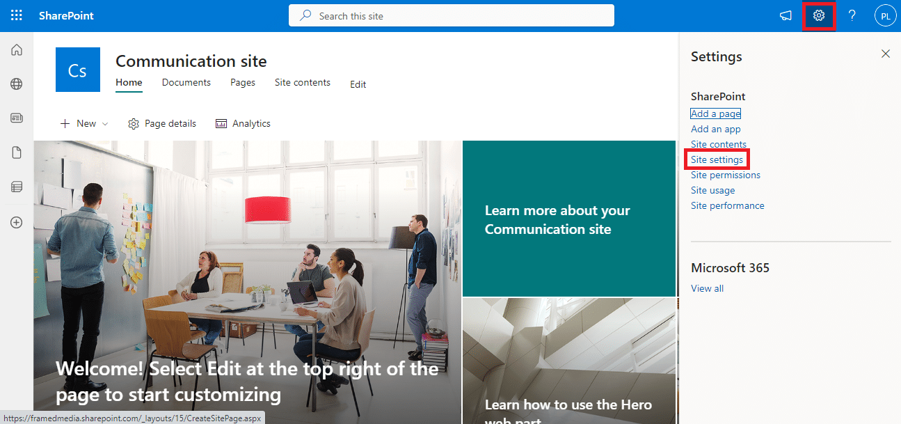 haga clic en el ícono de ajustes y luego seleccione Configuración del sitio. Cómo resolver el elemento web de edición de SharePoint no permitido