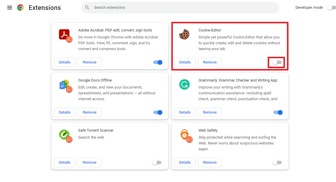 Suchen Sie die problematische Erweiterung und schalten Sie den Schalter aus, um sie zu deaktivieren