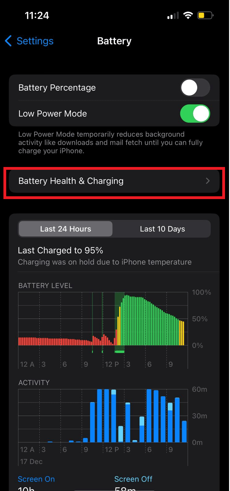 sélectionnez Santé et charge de la batterie