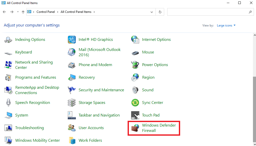 Suchen und klicken Sie auf Windows Defender Firewall