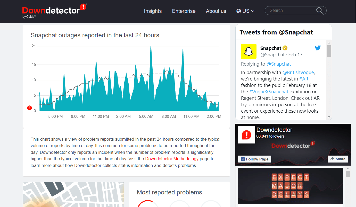 Downdetector Snapchat ページ | iPhoneでSnapchatフィルターが機能しない問題を修正する方法