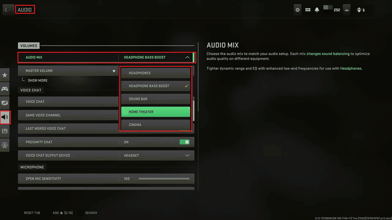 alterar configuração de mixagem de áudio