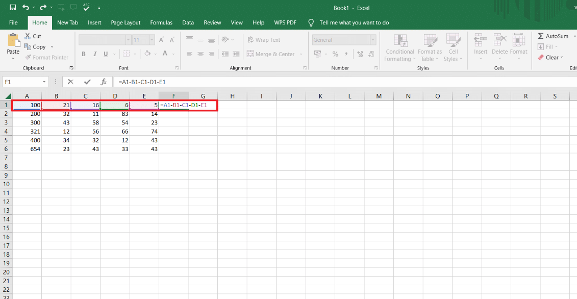 Nuevamente inserte un signo menos y seleccione la siguiente celda hasta donde desea la resta y presione Entrar. | Cómo restar varias celdas en Excel