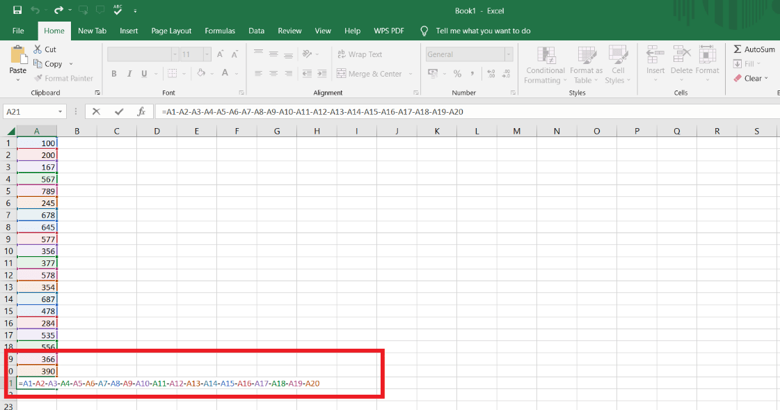 Seleccione la segunda celda y vuelva a insertar un signo menos y seleccione la siguiente celda hasta donde desea la resta | Cómo restar varias celdas en Excel