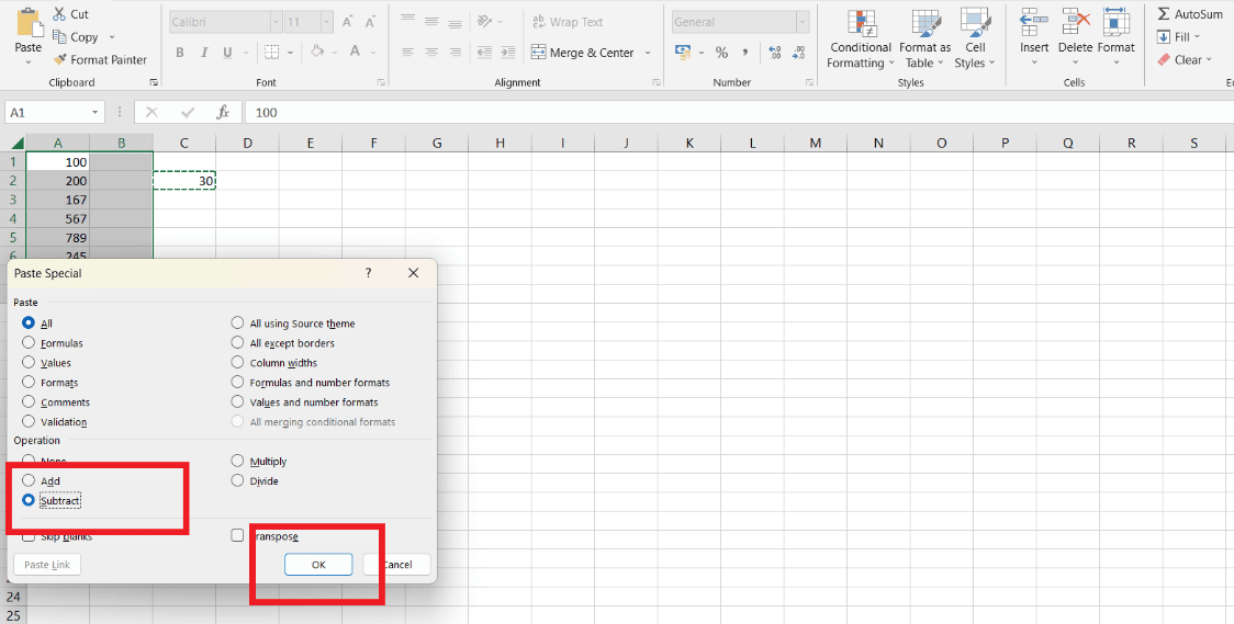 Apparirà una finestra di dialogo, scegli l'opzione Sottrai e fai clic sul pulsante Ok. | Come sottrarre più celle in Excel