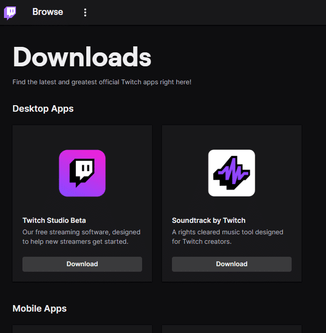 Pagina de descărcare Twitch.