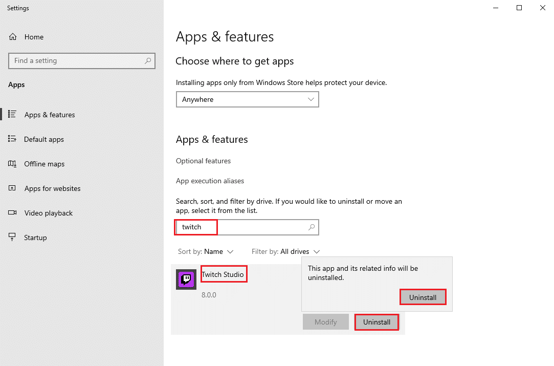 odinstaluj twitch w aplikacjach i funkcjach