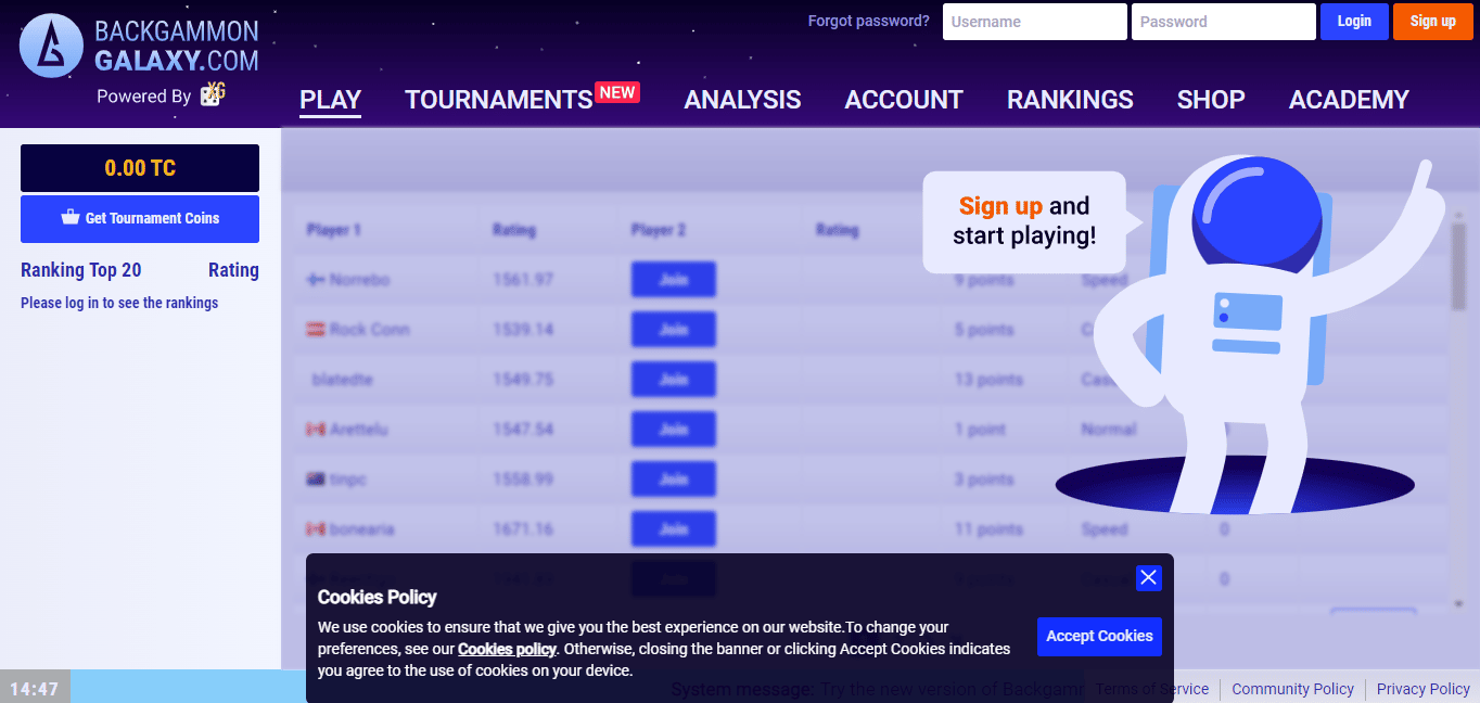 Página web de Backgammon Galaxy. Los 10 mejores sitios para jugar backgammon en línea