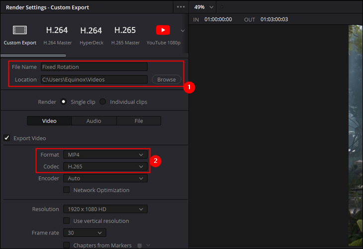 Tetapkan nama file Anda, simpan lokasi, format file, dan codec file.