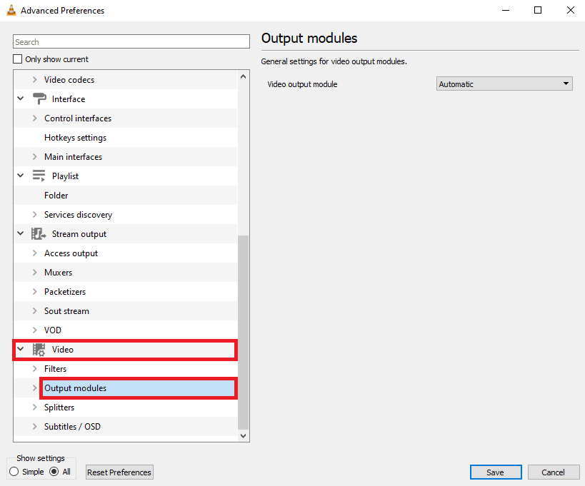 fare clic su Moduli di output sotto Video. Come correggere il ritardo video in VLC Media Player su Windows