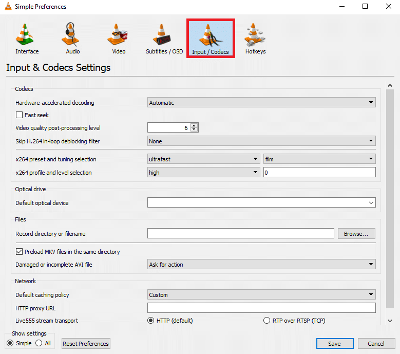 arahkan ke tab Input/Codec